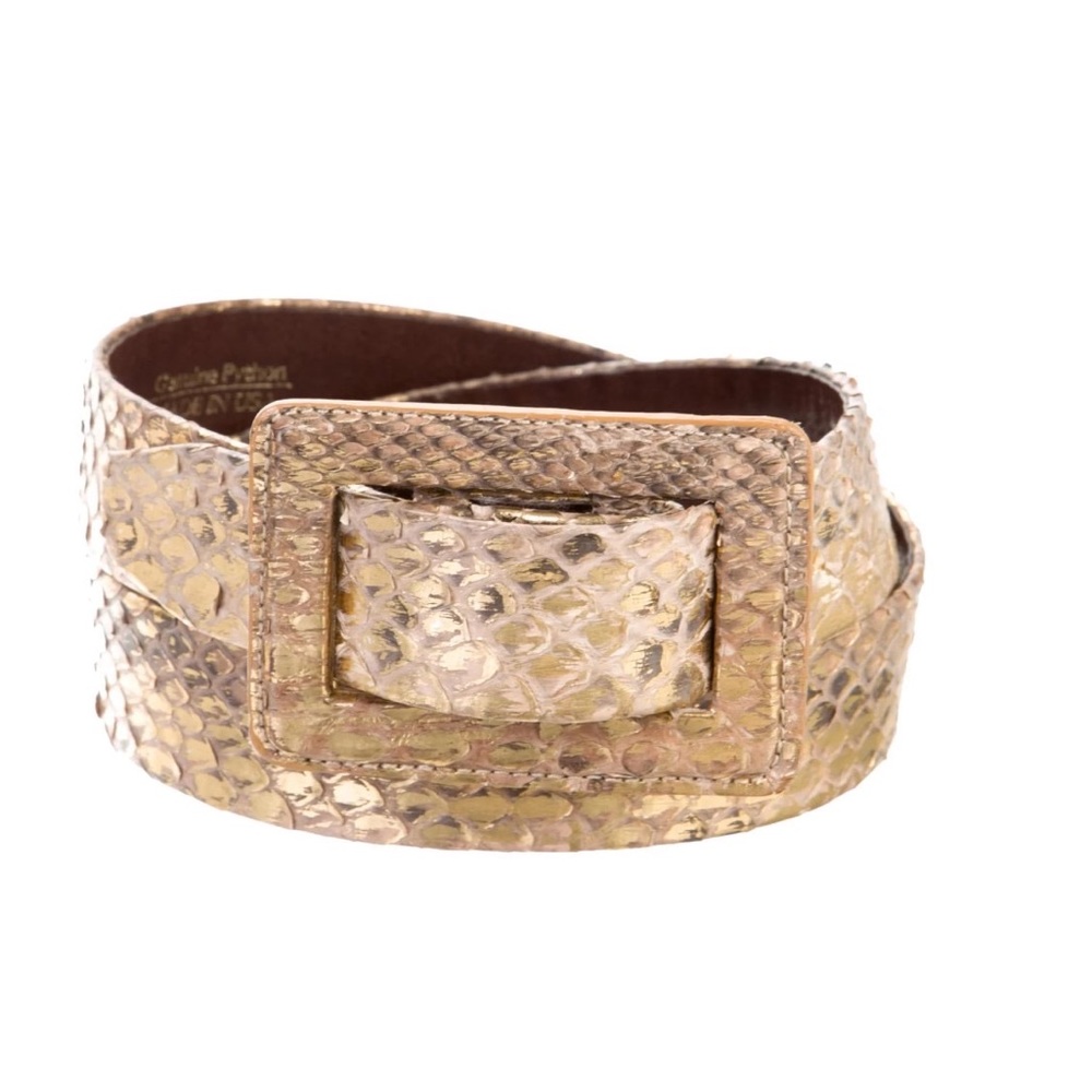 Oscar De La Renta gold and nude pull through closure square buckle belt